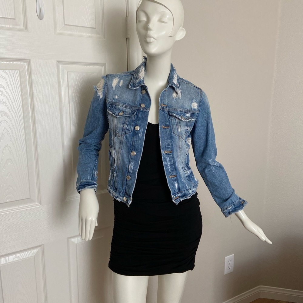 Zara Distressed Denim Jean Jacket Size XS